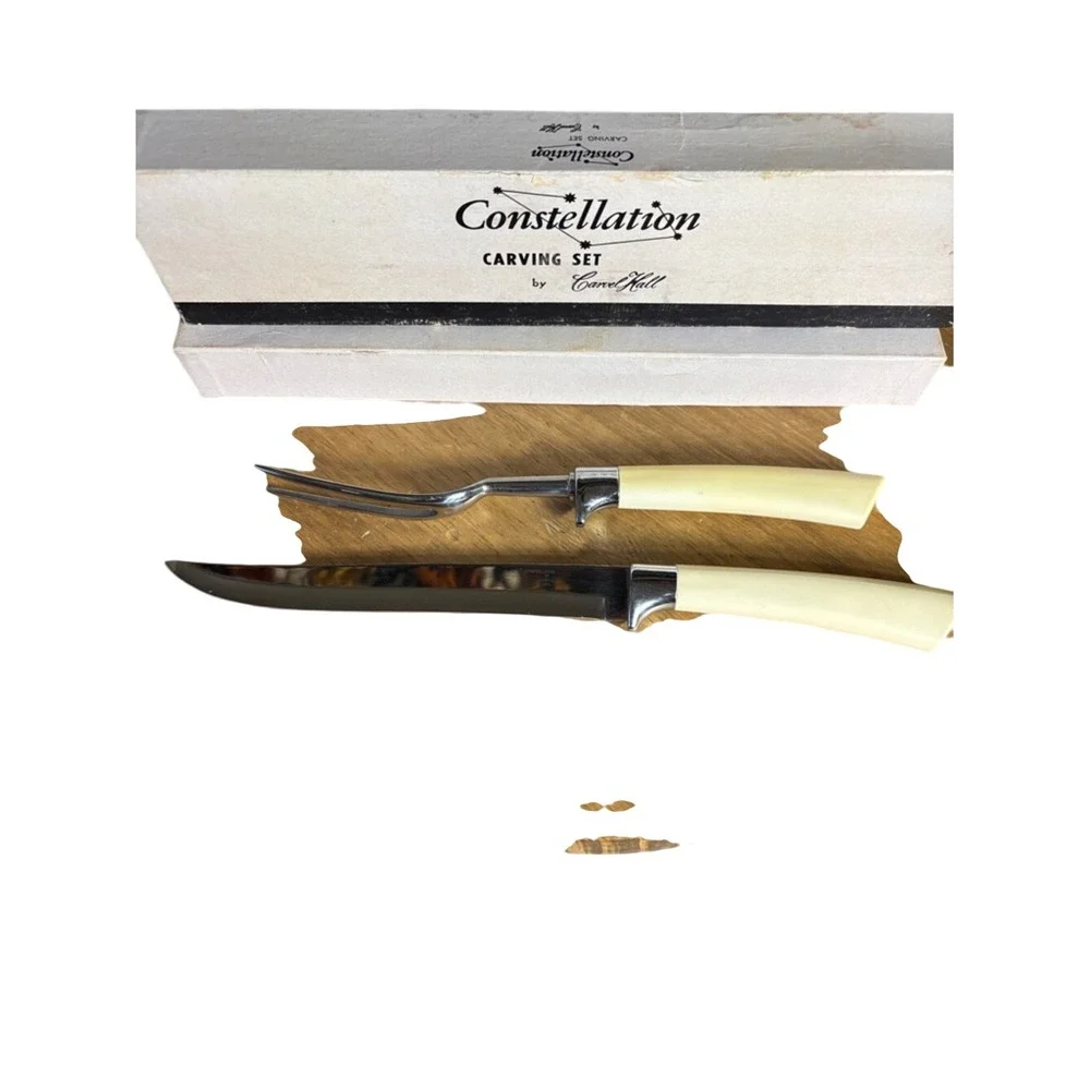 Vintage Carvel Hall Constellation Carving Set Ivory Color‎ Handles USA Retro NIB